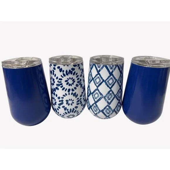NIB Stainless Insulated Wine Tumblers Blue Teal Abstract Lids Members Mark 4 PK - Picture 2 of 6